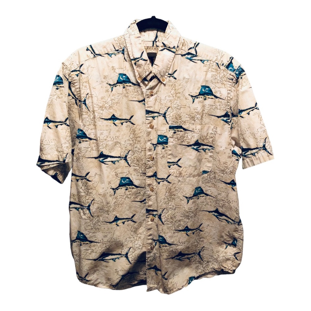 Natural Issue Hawaiian Button Down Shirt with Maps and Fish Men's Size M
